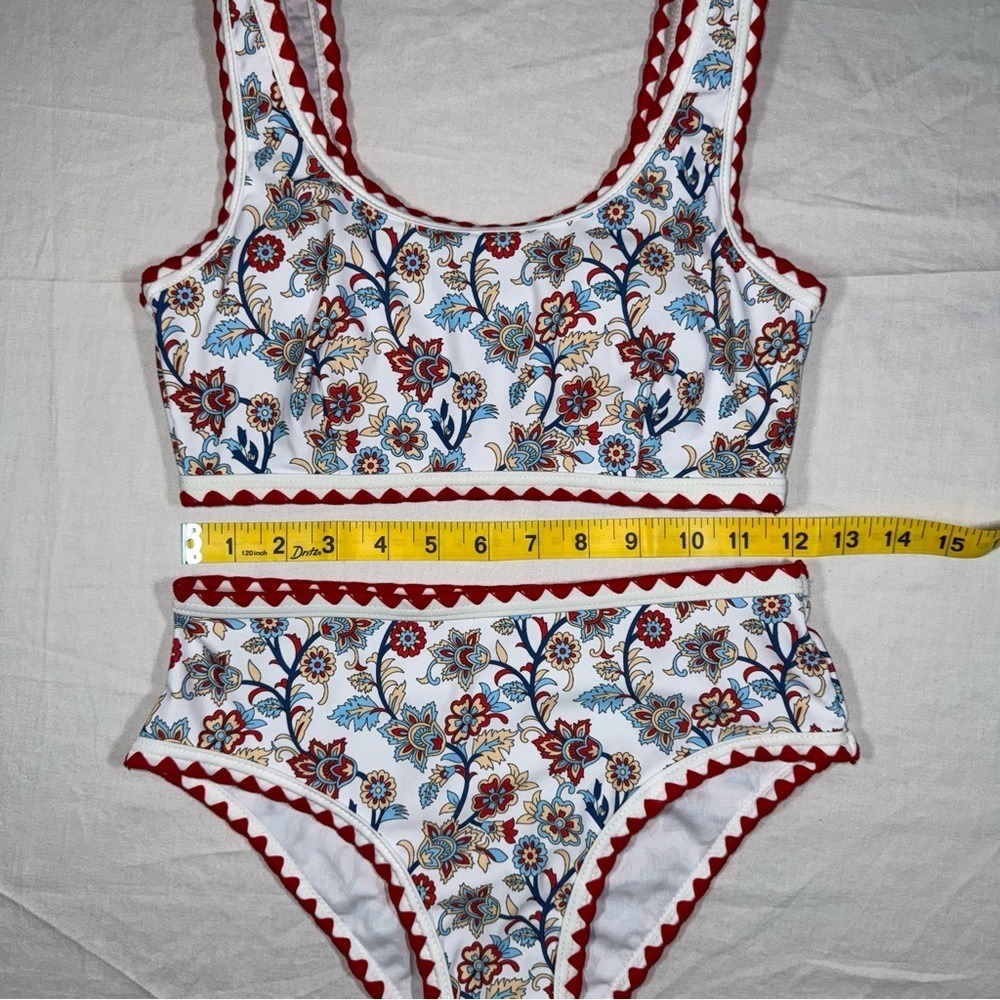 Floral Paisley Ric-Rac Trim High Waisted Bikini Set XS Red White Blue Swimsuit - Picture 5 of 8